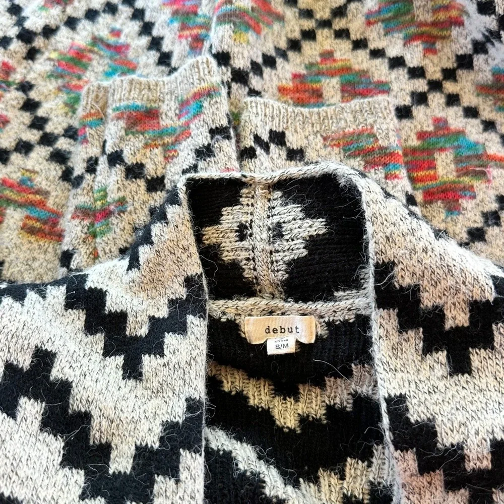 Debut Southwestern‎ Geometric Open Front Knit Cardigan Vibrant Colors Bohemian